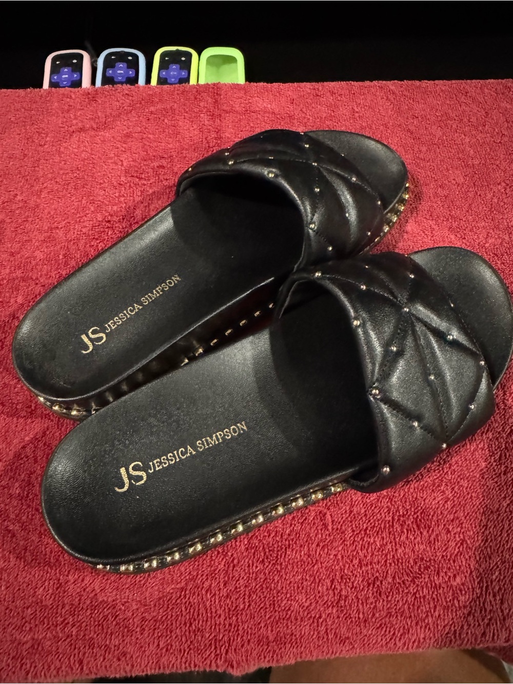 Jessica Simpson Black Quilted Slide Mules with Gold Stud Trim